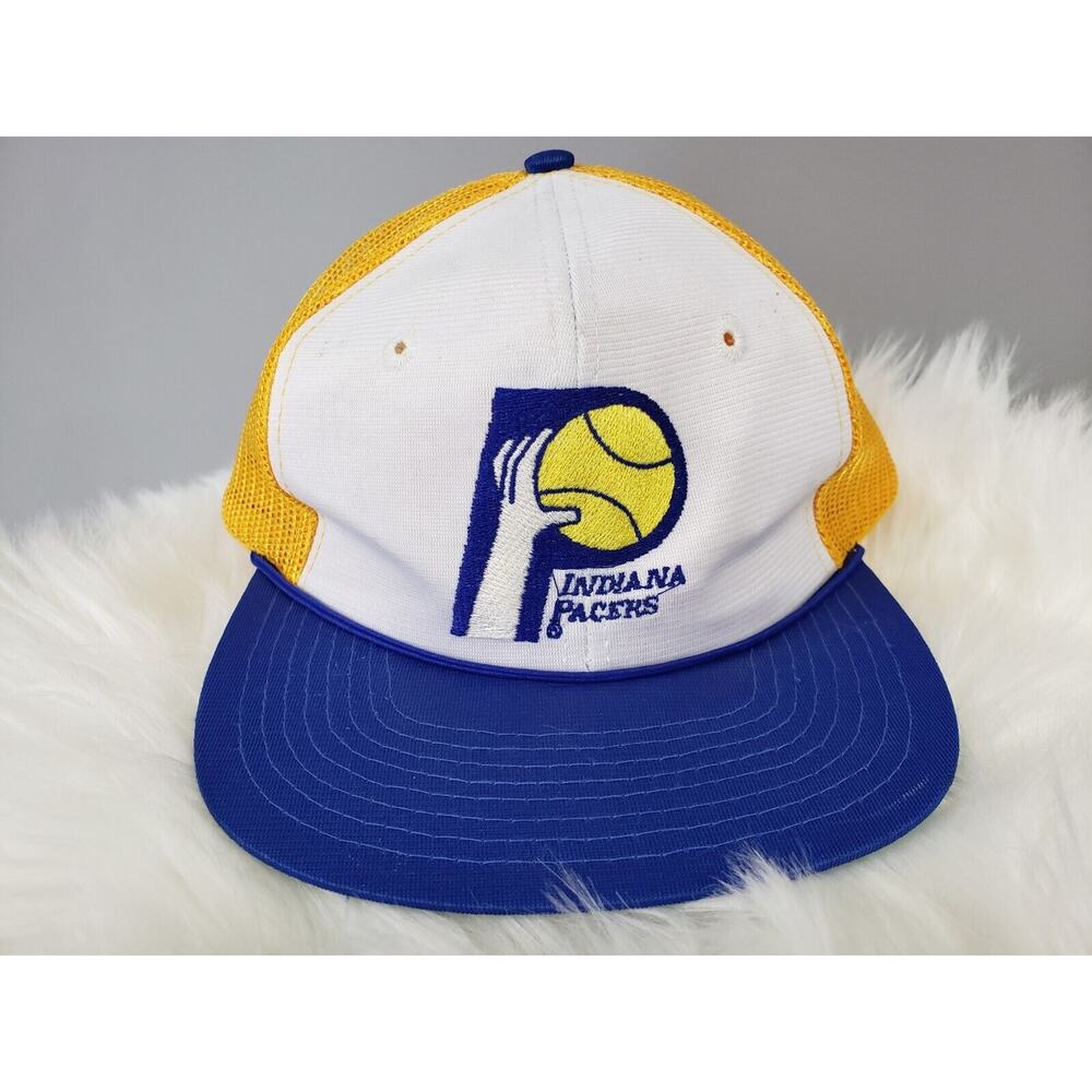 VINTAGE 80s Indiana Pacers Rare Snapback Trucker style Yellow‎ hat NBA Brand